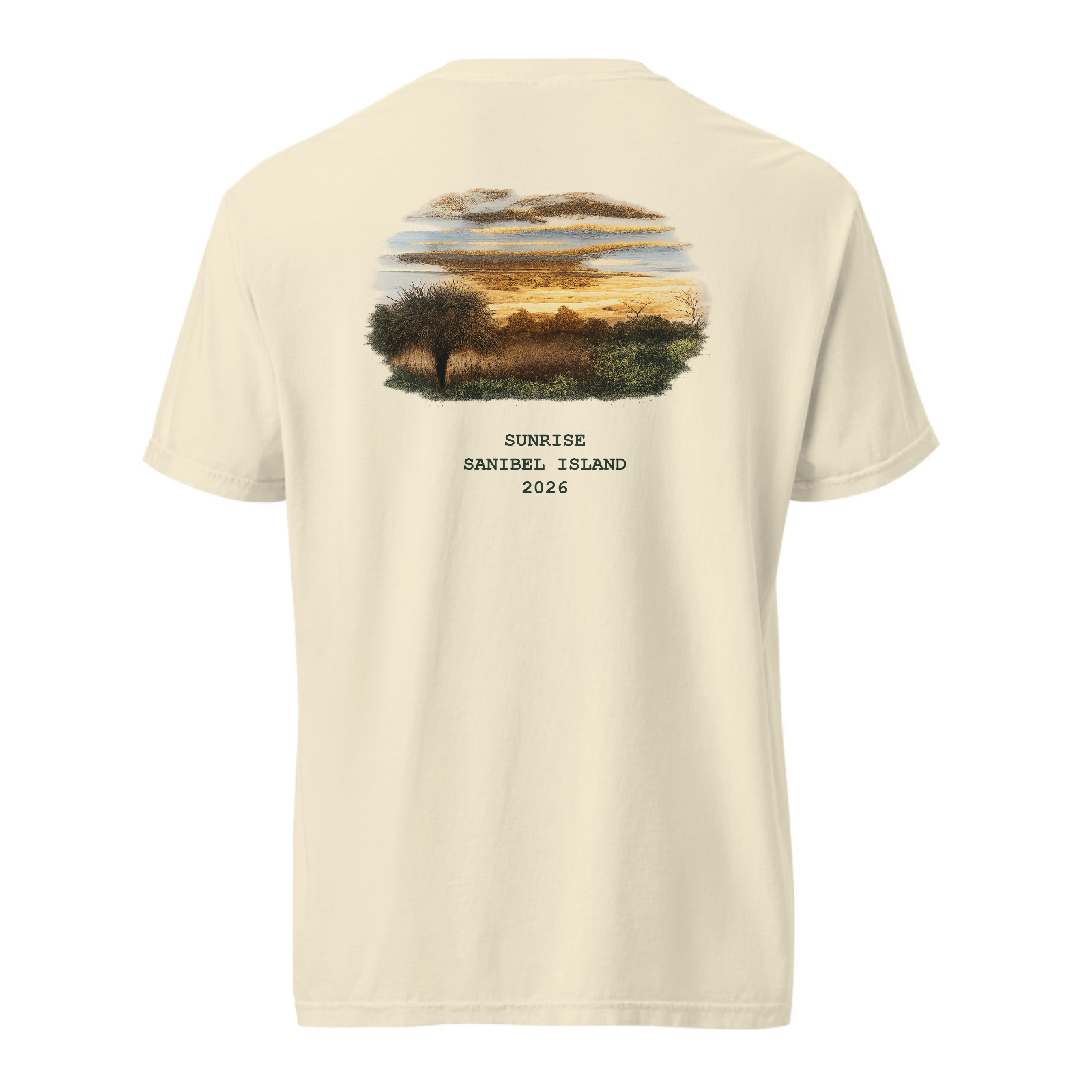back view of an ivory shirt featuring custom Sanibel Island sunrise artwork