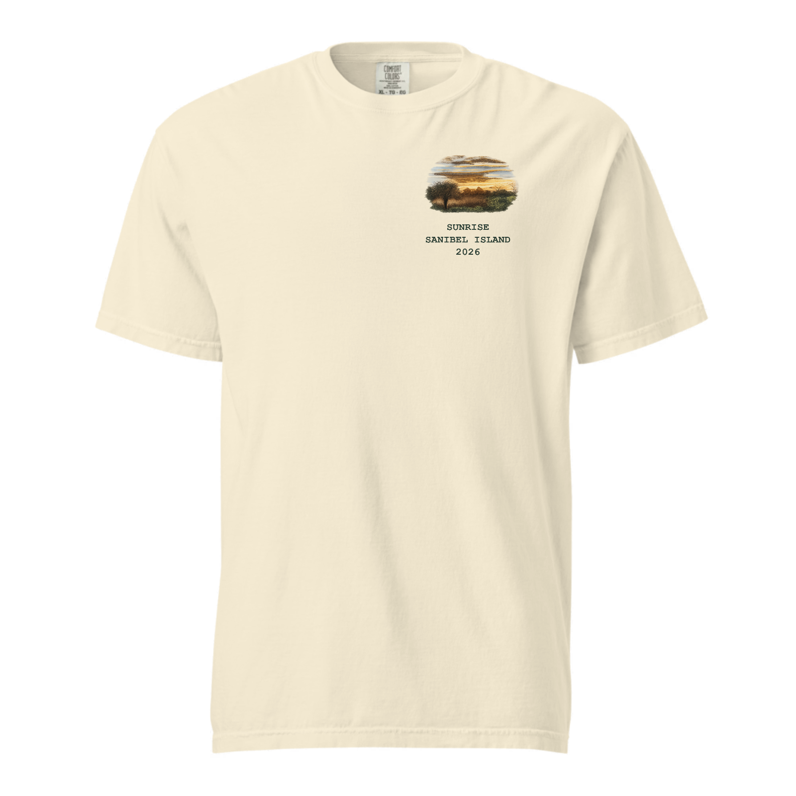 front view of an ivory shirt featuring custom Sanibel Island sunrise artwork
